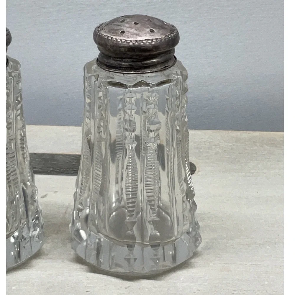 Vintage Cut Glass Salt and Pepper Shakers Set Clear Paneled Silver Tone Lids 3
